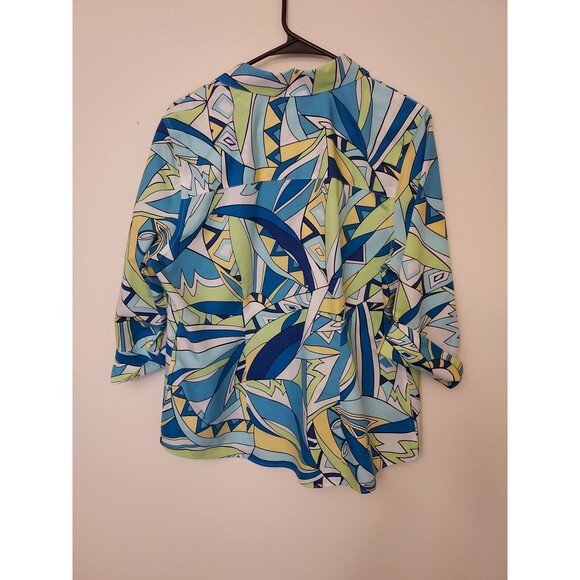 Women’s Chicos Sz 2 Womens Large Colorful Blouse 3/4 Rolled Sleeve Blue Green - Picture 2 of 3